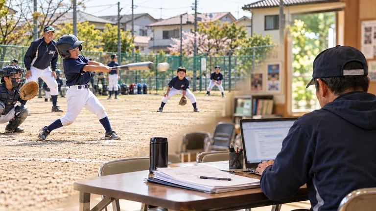 小学生の野球活動とコーチがパソコンで補助金を申請する様子