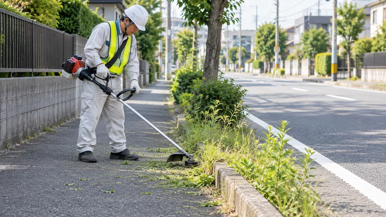 アスファルト端の雑草を草刈り機で除草する様子