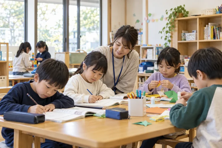 放課後児童クラブで宿題や工作に取り組む子どもたち