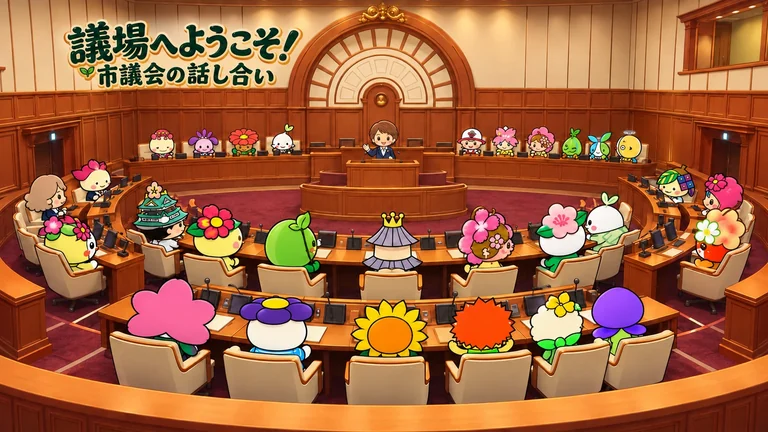 『議場へようこそ！市議会の話し合い』のタイトルを配したイラスト。議場を後方から見渡し、手前に後ろ姿、左右に演壇を見る横顔、奥に正面向きのマスコット、中央演壇に山田かなのキャラクターがいます。