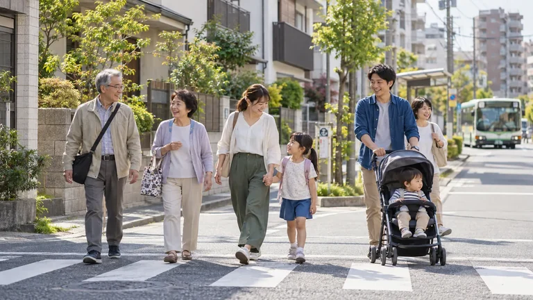 都市の住宅街を歩く家族と地域の人々